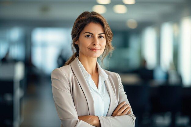 Confident woman in a beige blazer standing with her arms crossed in a modern office setting.