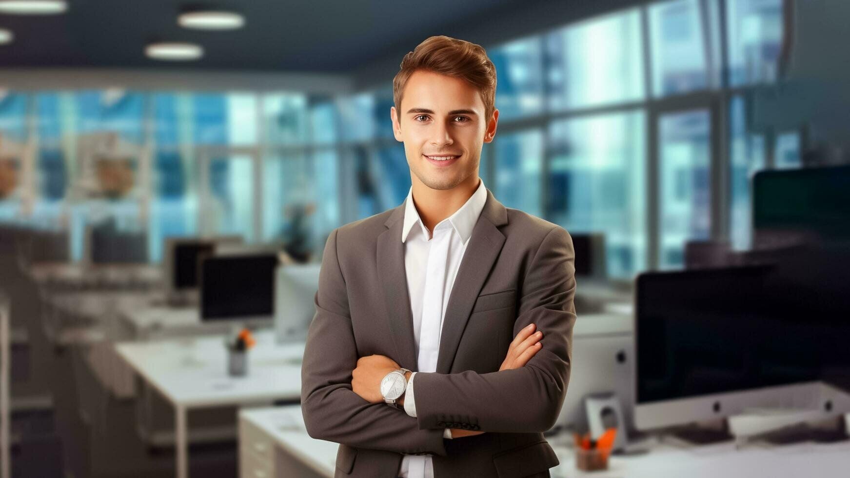 Man in a business suit standing with arms crossed in a modern office setting with desks and computers.